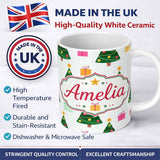 Personalized Custom Name Cute Christmas Tree Gift Box Festive Seamless Pattern  11oz Ceramic Coffee Tea Mug White Large Handle