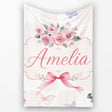 Elegant Watercolor Rose Bouquet Ribbon Butterfly Pastel Check Lovely  Personalised Custom Name Super Soft Fleece Blanket Bed Sofa Throw