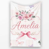 Elegant Watercolor Rose Bouquet Ribbon Butterfly Pastel Check Lovely  Personalised Custom Name Super Soft Fleece Blanket Bed Sofa Throw