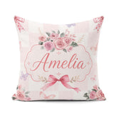 Custom Name Elegant Watercolor Rose Bouquet Ribbon Pastel Check Square Filled Cushion Throw Pillow Sofa Bed Home Decor Zip Washable UK Made