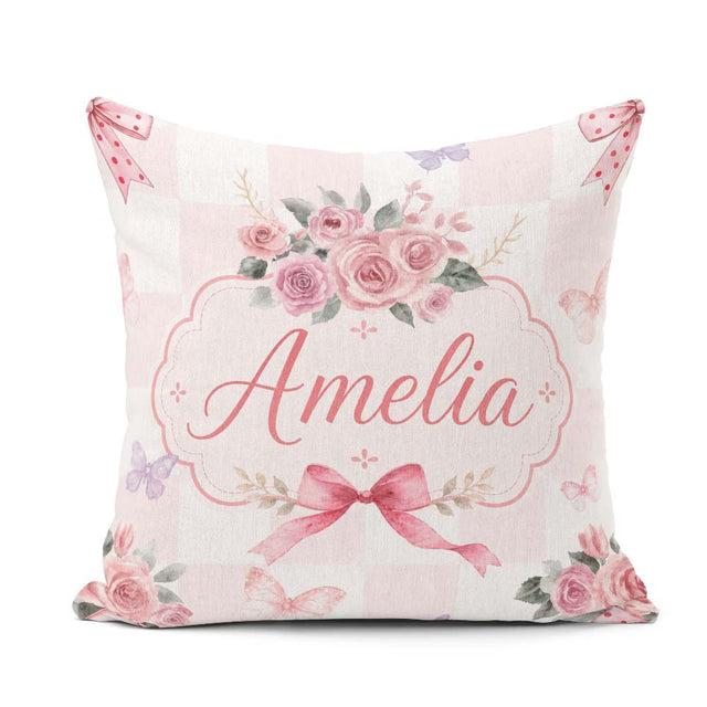 Custom Name Elegant Watercolor Rose Bouquet Ribbon Pastel Check Square Filled Cushion Throw Pillow Sofa Bed Home Decor Zip Washable UK Made
