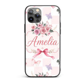 Elegant Watercolor Rose Bouquet Ribbon Butterfly Custom Name Protective Phone Case Mobile Cover Durable Everyday Smartphone Shock Resistant