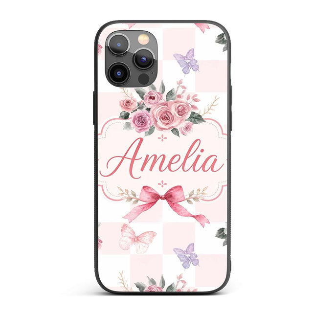 Elegant Watercolor Rose Bouquet Ribbon Butterfly Custom Name Protective Phone Case Mobile Cover Durable Everyday Smartphone Shock Resistant