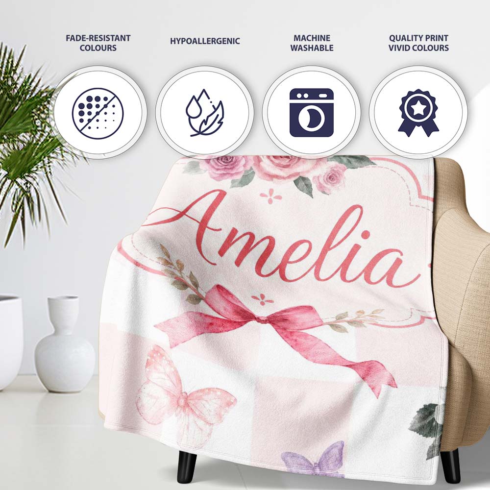 Elegant Watercolor Rose Bouquet Ribbon Butterfly Pastel Check Lovely  Personalised Custom Name Super Soft Fleece Blanket Bed Sofa Throw