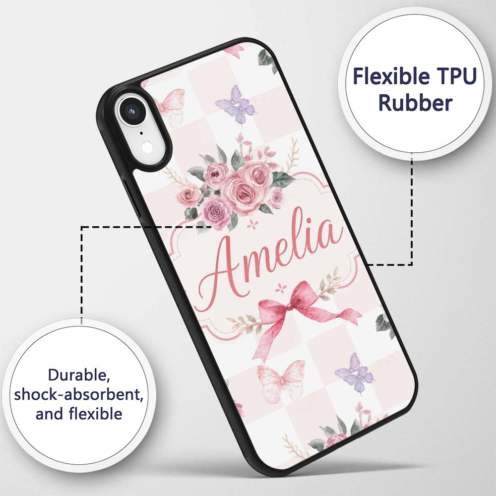 Elegant Watercolor Rose Bouquet Ribbon Butterfly Custom Name Protective Phone Case Mobile Cover Durable Everyday Smartphone Shock Resistant