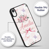 Elegant Watercolor Rose Bouquet Ribbon Butterfly Custom Name Protective Phone Case Mobile Cover Durable Everyday Smartphone Shock Resistant