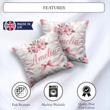 Custom Name Elegant Watercolor Rose Bouquet Ribbon Pastel Check Square Filled Cushion Throw Pillow Sofa Bed Home Decor Zip Washable UK Made