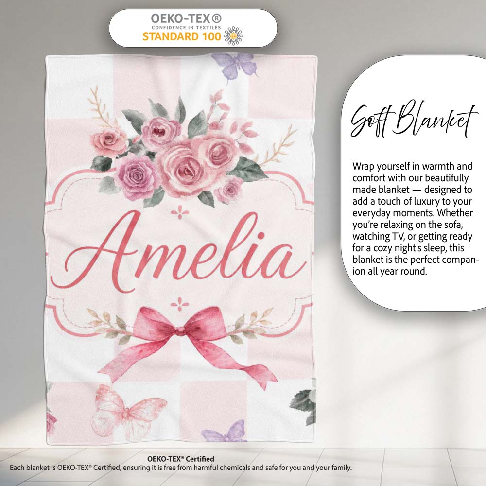 Elegant Watercolor Rose Bouquet Ribbon Butterfly Pastel Check Lovely  Personalised Custom Name Super Soft Fleece Blanket Bed Sofa Throw