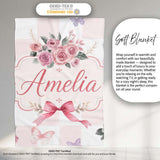 Elegant Watercolor Rose Bouquet Ribbon Butterfly Pastel Check Lovely  Personalised Custom Name Super Soft Fleece Blanket Bed Sofa Throw