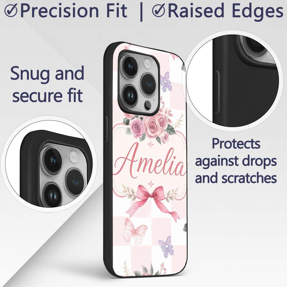 Elegant Watercolor Rose Bouquet Ribbon Butterfly Custom Name Protective Phone Case Mobile Cover Durable Everyday Smartphone Shock Resistant