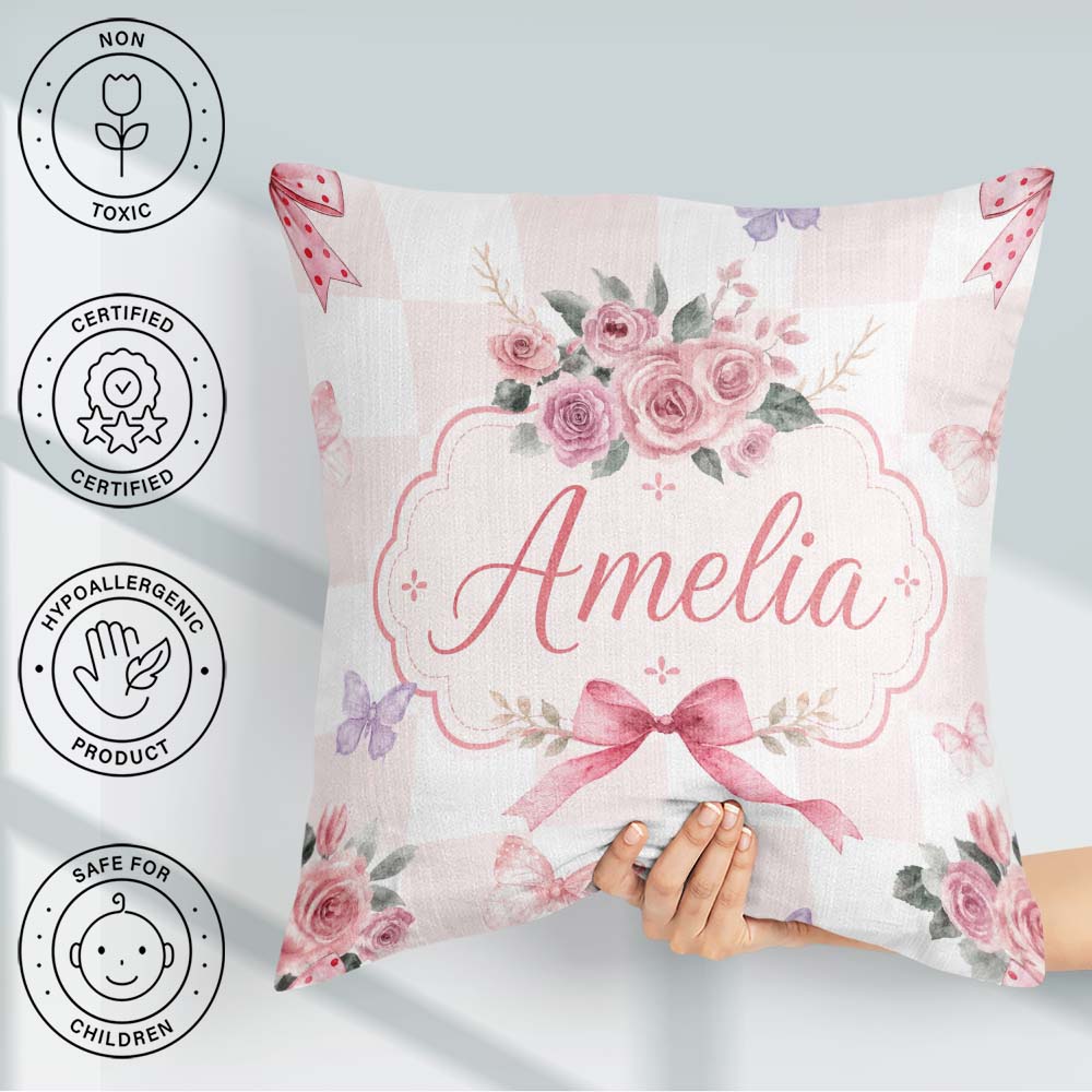 Custom Name Elegant Watercolor Rose Bouquet Ribbon Pastel Check Square Filled Cushion Throw Pillow Sofa Bed Home Decor Zip Washable UK Made