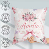 Custom Name Elegant Watercolor Rose Bouquet Ribbon Pastel Check Square Filled Cushion Throw Pillow Sofa Bed Home Decor Zip Washable UK Made
