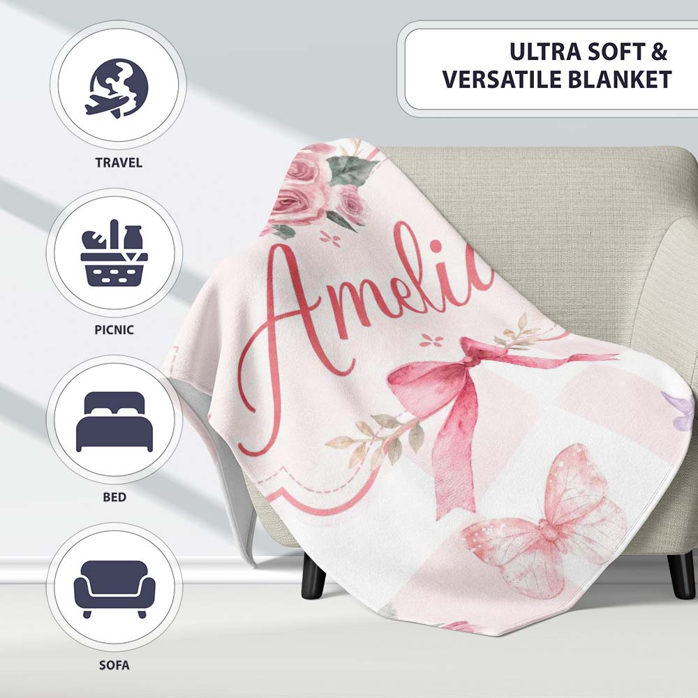 Elegant Watercolor Rose Bouquet Ribbon Butterfly Pastel Check Lovely  Personalised Custom Name Super Soft Fleece Blanket Bed Sofa Throw