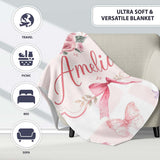 Elegant Watercolor Rose Bouquet Ribbon Butterfly Pastel Check Lovely  Personalised Custom Name Super Soft Fleece Blanket Bed Sofa Throw
