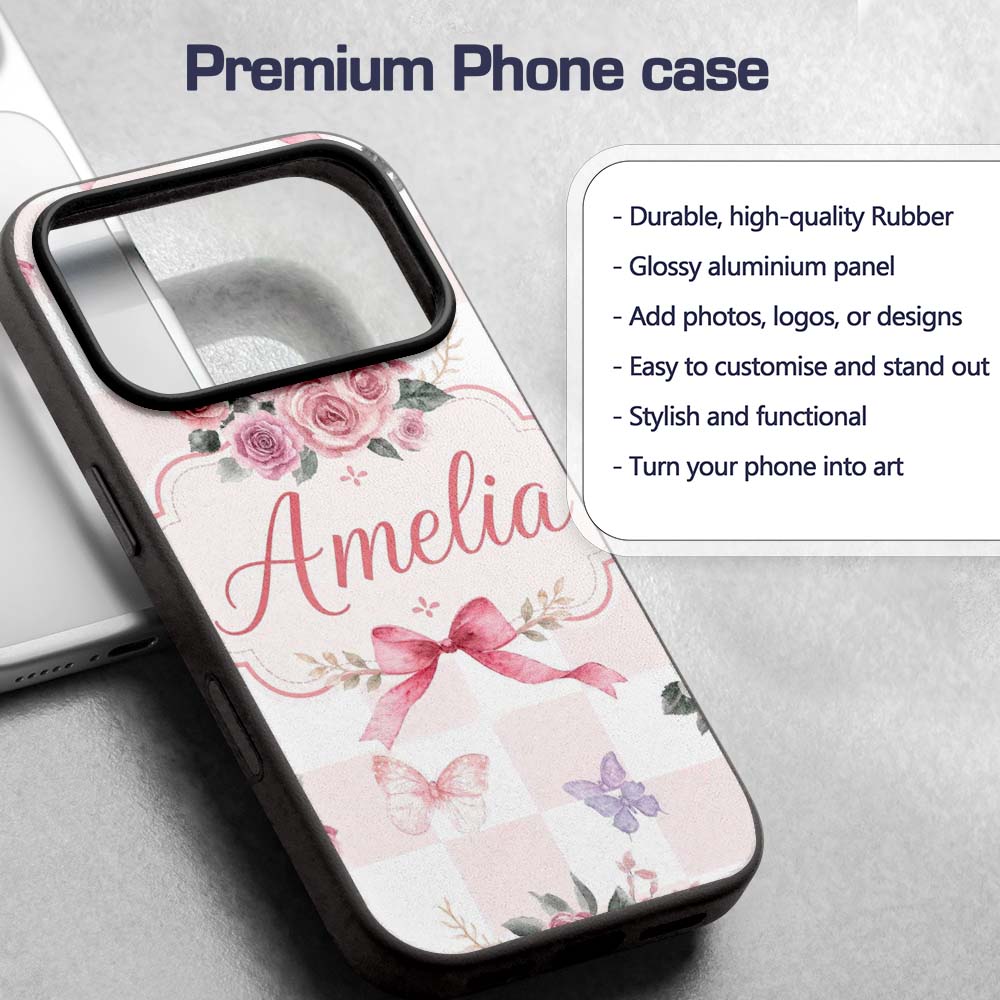 Elegant Watercolor Rose Bouquet Ribbon Butterfly Custom Name Protective Phone Case Mobile Cover Durable Everyday Smartphone Shock Resistant