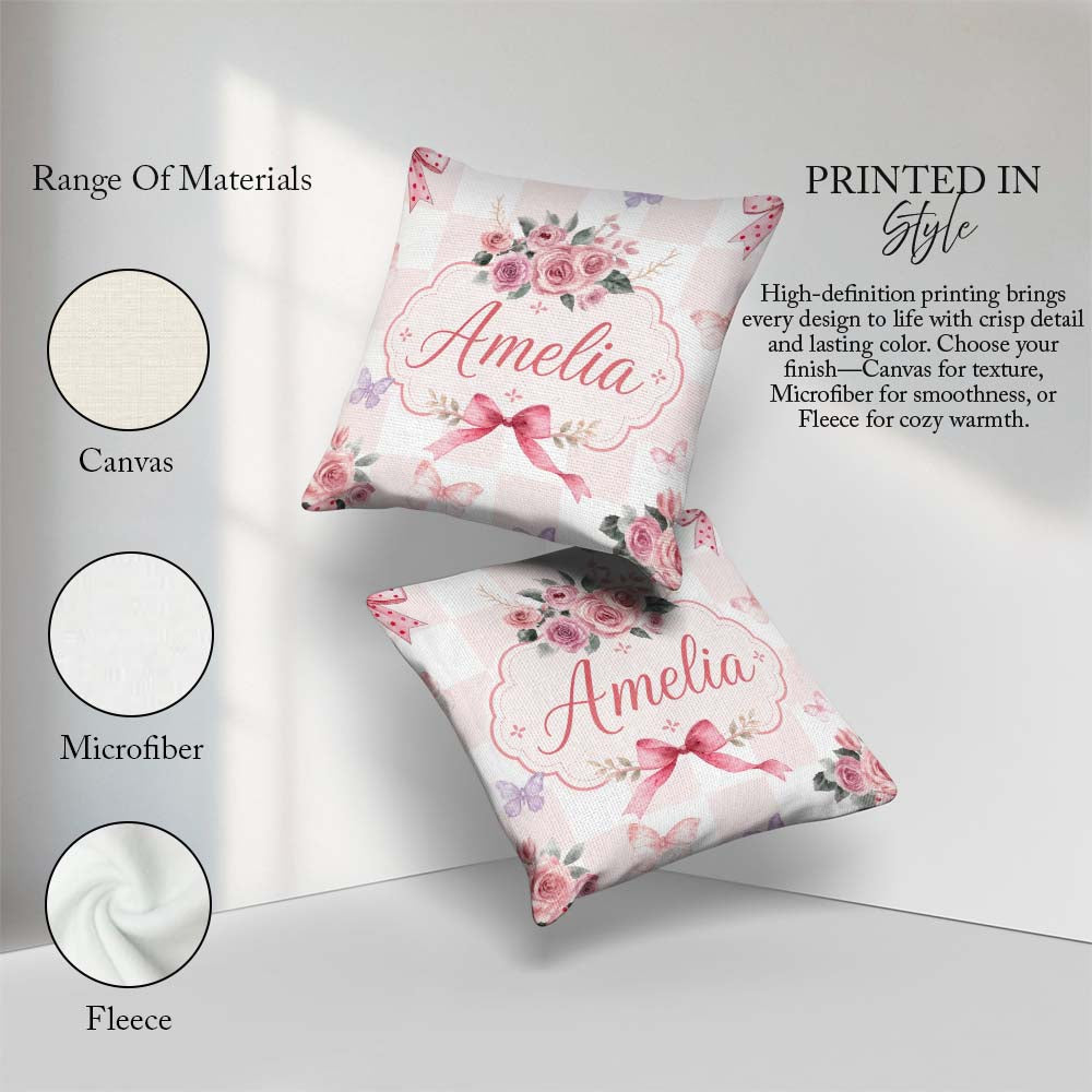 Custom Name Elegant Watercolor Rose Bouquet Ribbon Pastel Check Square Filled Cushion Throw Pillow Sofa Bed Home Decor Zip Washable UK Made