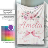 Elegant Watercolor Rose Bouquet Ribbon Butterfly Pastel Check Lovely  Personalised Custom Name Super Soft Fleece Blanket Bed Sofa Throw