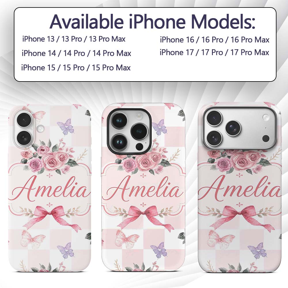 Elegant Watercolor Rose Bouquet Ribbon Butterfly Custom Name Protective Phone Case Mobile Cover Durable Everyday Smartphone Shock Resistant