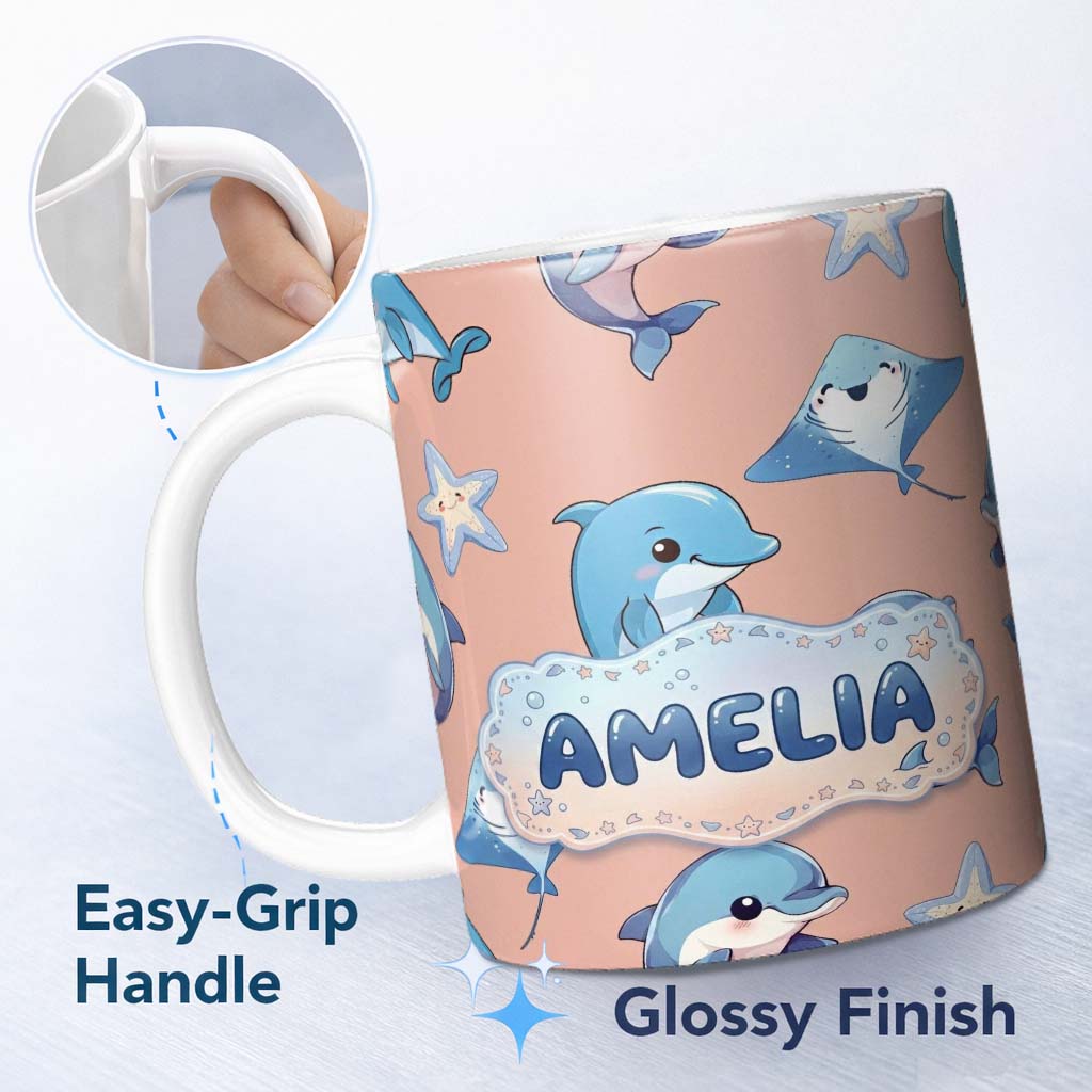 Personalized Custom Name Cute Dolphin Stingray Starfish Cartoon Sea Life Pattern Beige Lovely 11oz Ceramic Coffee Tea Mug White Large Handle