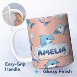 Personalized Custom Name Cute Dolphin Stingray Starfish Cartoon Sea Life Pattern Beige Lovely 11oz Ceramic Coffee Tea Mug White Large Handle