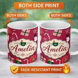 Personalized Custom Name Cute Christmas Sweater Snowman Candy Cane Gifts Seamless Pattern 11oz Ceramic Coffee Tea Mug White Large Handle