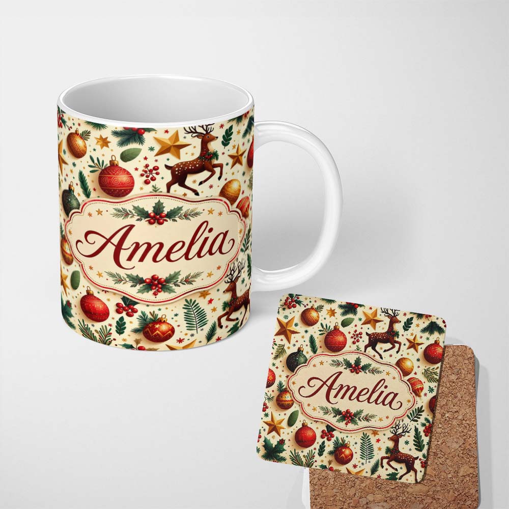 Personalized Custom Name Festive Reindeer Stars Baubles Holly Seamless Pattern Christmas 11oz Ceramic Coffee Tea Mug White Large Handle