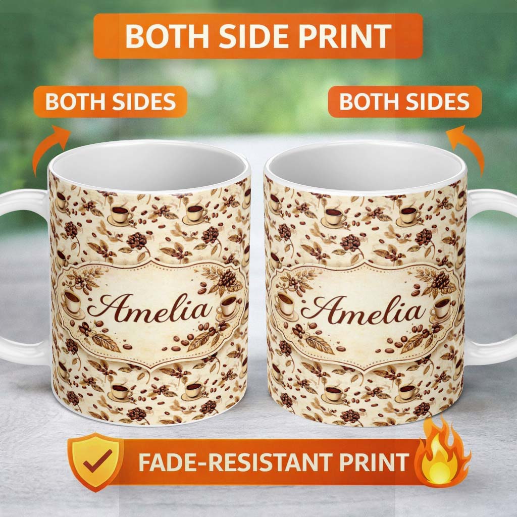 Personalized Custom Name Coffee Beans Dark Brown Seamless Pattern Cute Unique Gift Lovely 11oz Ceramic Coffee Tea Mug White Large Handle