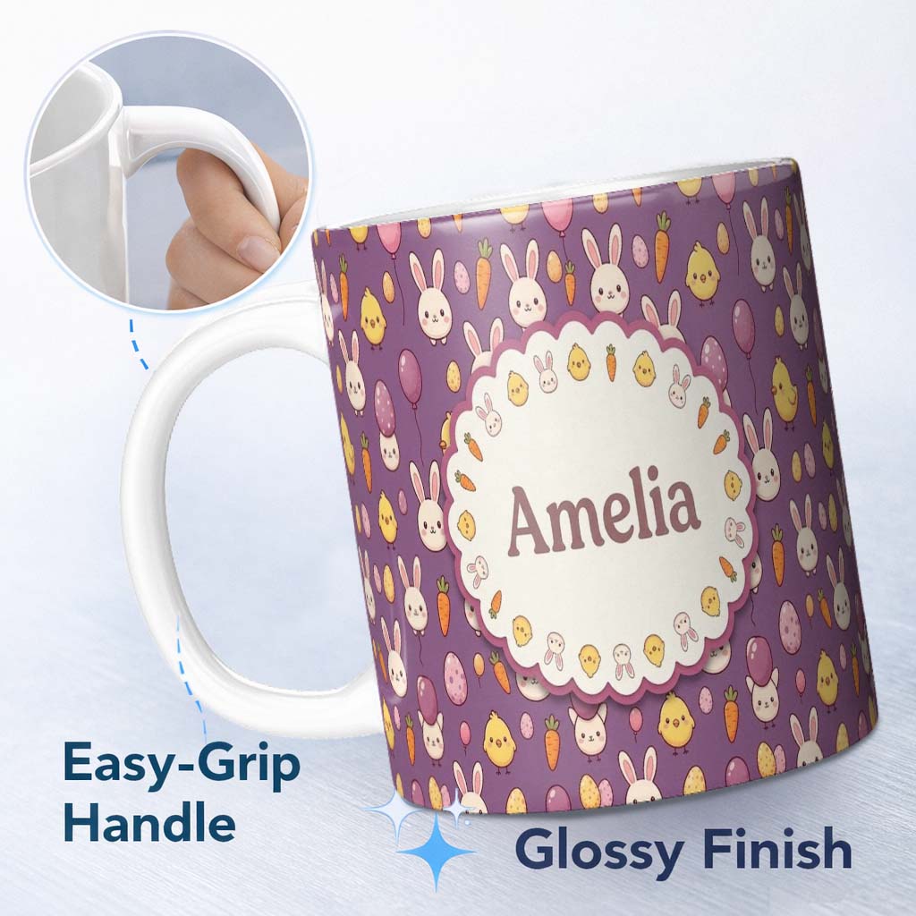 Personalized Custom Name Cute Easter Bunny Chick Carrots Eggs Polka Dot Pattern Purple Lovely 11oz Ceramic Coffee Tea Mug White Large Handle