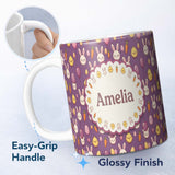 Personalized Custom Name Cute Easter Bunny Chick Carrots Eggs Polka Dot Pattern Purple Lovely 11oz Ceramic Coffee Tea Mug White Large Handle