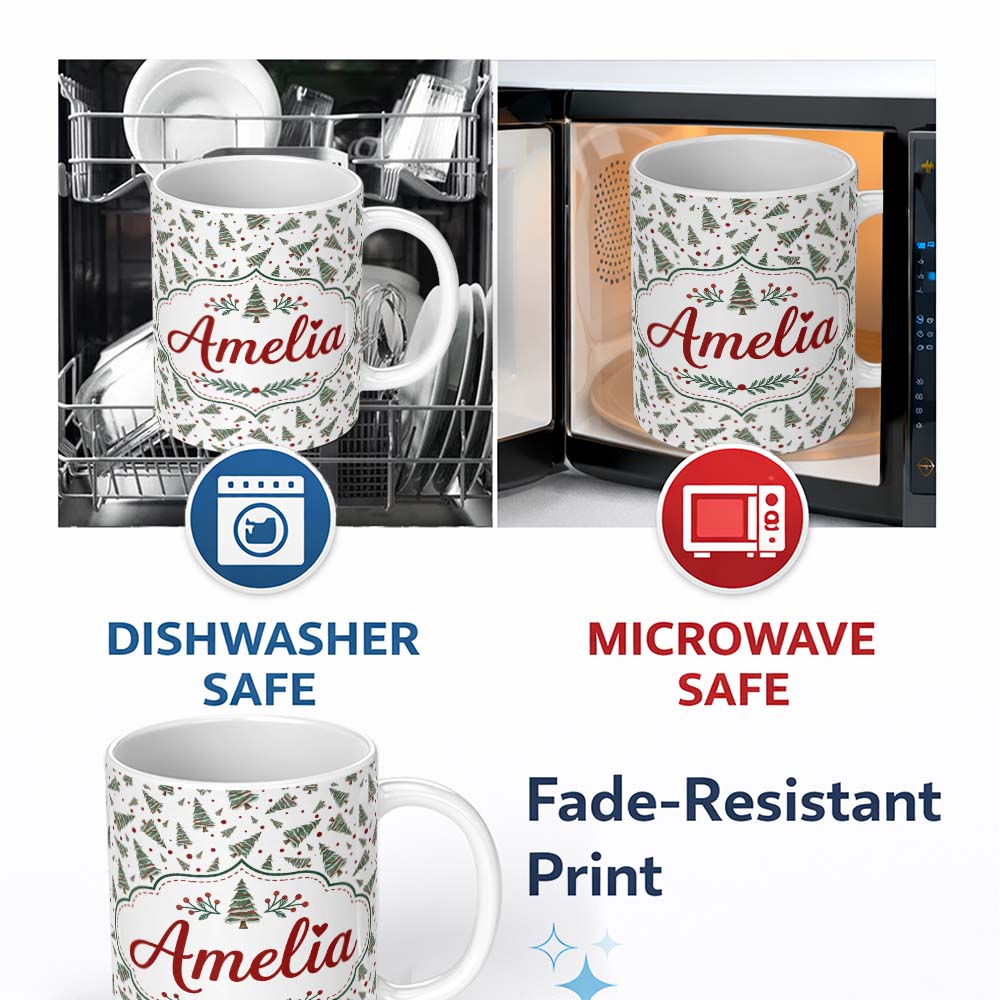 Personalized Custom Name Watercolor Christmas Trees Red Dots Winter Seamless Pattern Lovely 11oz Ceramic Coffee Tea Mug White Large Handle