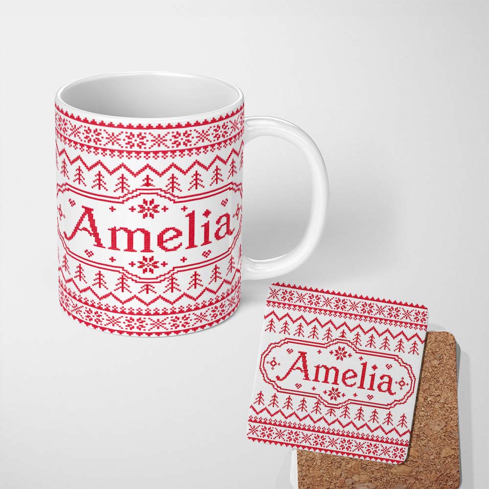 Personalized Custom Name Minimal Red White Nordic Pixel Christmas Knit Seamless Pattern 11oz Ceramic Coffee Tea Mug White Large Handle