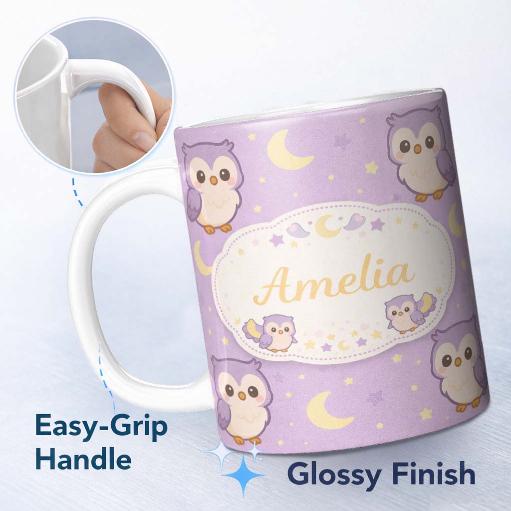 Personalized Custom Name Cute Night Owl Moon Cartoon Animal Pattern Charming Kitchen Decor 11oz Ceramic Coffee Tea Mug White Large Handle