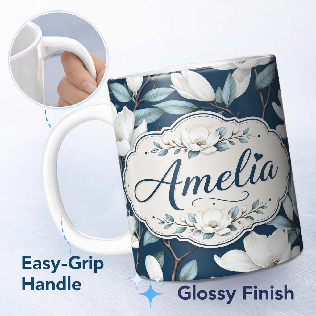Personalized Custom Name Magnolia Flowers with Blue Leaves on Dark Background Seamless Lovely 11oz Ceramic Coffee Tea Mug White Large Handle