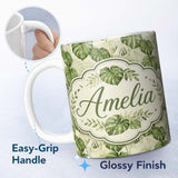 Personalized Custom Name Tropical Monstera Leaves in Soft Green Tones Seamless Pattern Lovely 11oz Ceramic Coffee Tea Mug White Large Handle