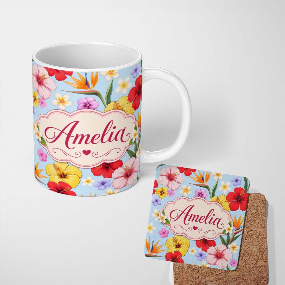 Personalized Custom Name Tropical Hibiscus Bird of Paradise Seamless Pattern Blue Background 11oz Ceramic Coffee Tea Mug White Large Handle
