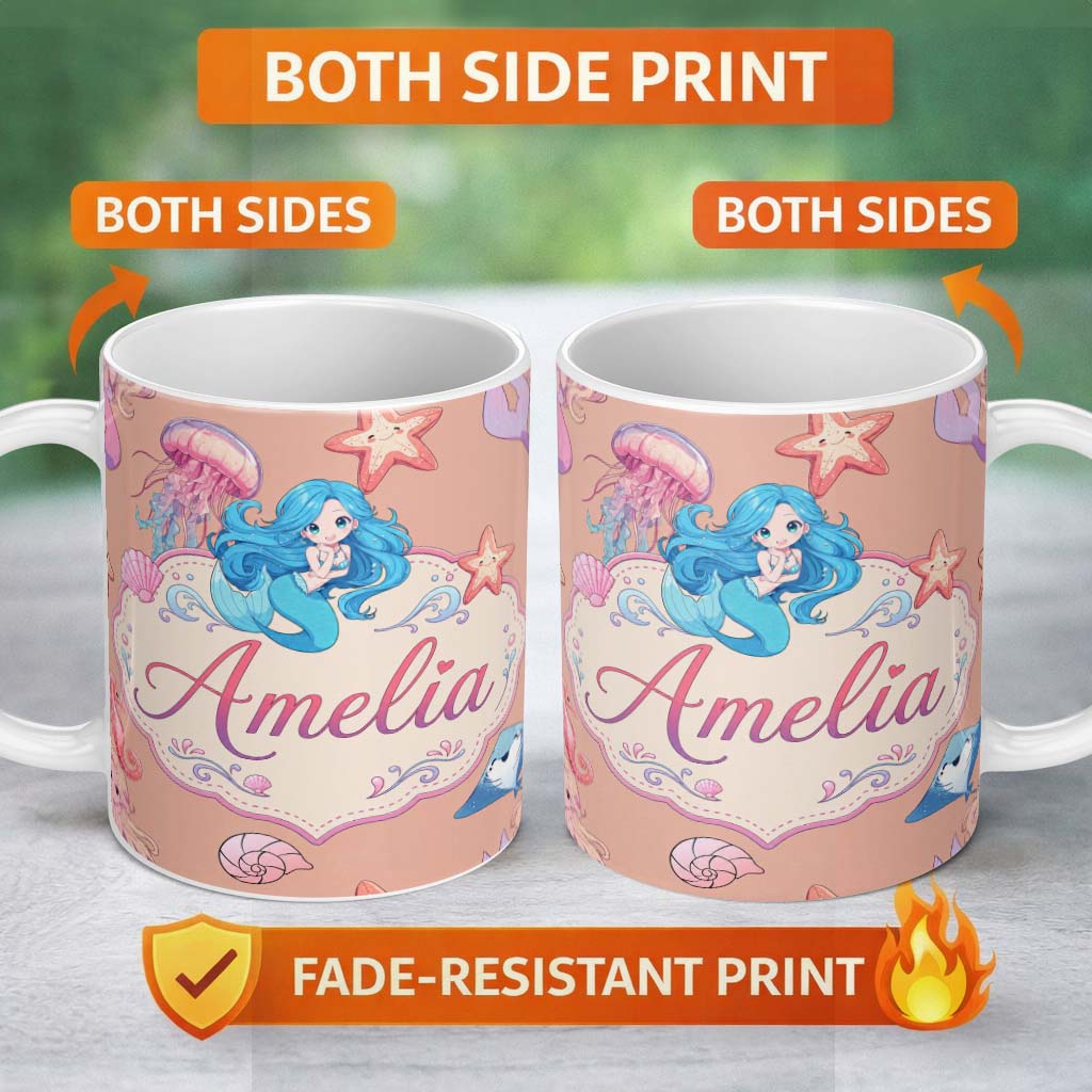Personalized Custom Name Cute Kawaii Mermaid Ocean Friends Jellyfish Starfish Peach Lovely 11oz Ceramic Coffee Tea Mug White Large Handle
