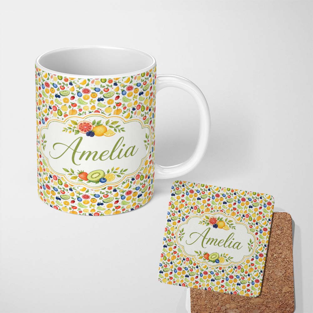 Personalized Custom Name Cute Hand Drawn Mixed Fruit Illustration Seamless Pattern Lovely 11oz Ceramic Coffee Tea Mug White Large Handle