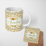 Personalized Custom Name Cute Hand Drawn Mixed Fruit Illustration Seamless Pattern Lovely 11oz Ceramic Coffee Tea Mug White Large Handle