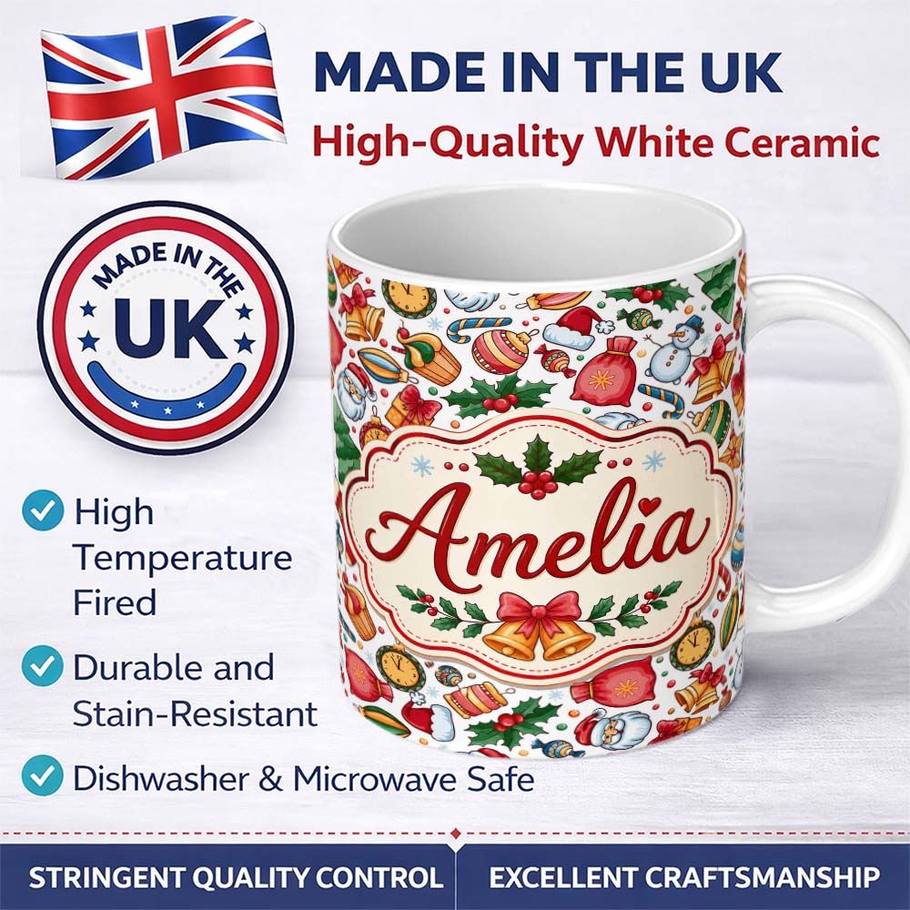 Personalized Custom Name Cute Christmas Santa Gifts Candy Snowman Seamless Pattern Lovely 11oz Ceramic Coffee Tea Mug White Large Handle