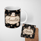 Personalized Custom Name Cute Owls Sitting on Branch Woodland Leaves Mushrooms Seamless 11oz Ceramic Coffee Tea Mug White Large Handle