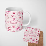 Personalized Custom Name Watercolor Pink Cherry Ribbon Bow Seamless Pattern Blush Neutral 11oz Ceramic Coffee Tea Mug White Large Handle