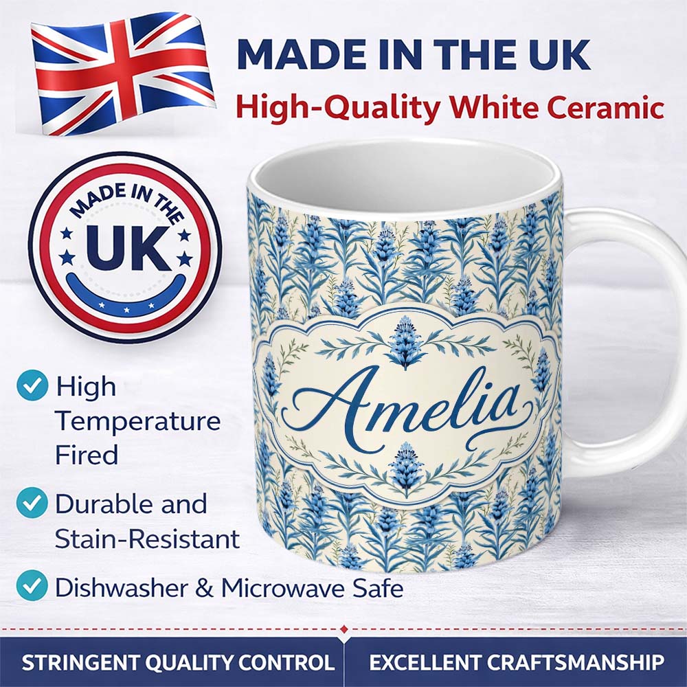Personalized Custom Name Blue Botanical Vertical Floral Sprig Seamless Pattern Lovely 11oz Ceramic Coffee Tea Mug White Large Handle