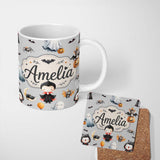 Personalized Custom Name Cute Halloween Vampire Ghost Bats Spooky Grey Background Seamless 11oz Ceramic Coffee Tea Mug White Large Handle