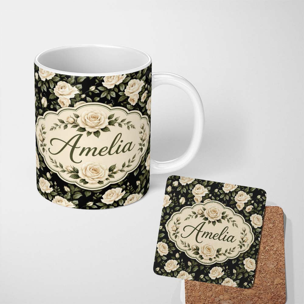 Personalized Custom Name Classic White Rose Floral Pattern on Black Background Seamless 11oz Ceramic Coffee Tea Mug White Large Handle