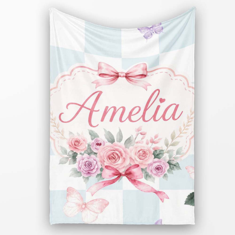 Elegant Watercolor Rose Bouquet Ribbon Butterfly Soft Blue Check  Personalised Custom Name Super Soft Fleece Blanket Bed Sofa Throw