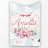 Elegant Watercolor Rose Bouquet Ribbon Butterfly Soft Blue Check  Personalised Custom Name Super Soft Fleece Blanket Bed Sofa Throw