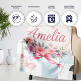 Elegant Watercolor Rose Bouquet Ribbon Butterfly Soft Blue Check  Personalised Custom Name Super Soft Fleece Blanket Bed Sofa Throw