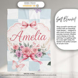 Elegant Watercolor Rose Bouquet Ribbon Butterfly Soft Blue Check  Personalised Custom Name Super Soft Fleece Blanket Bed Sofa Throw