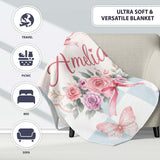 Elegant Watercolor Rose Bouquet Ribbon Butterfly Soft Blue Check  Personalised Custom Name Super Soft Fleece Blanket Bed Sofa Throw