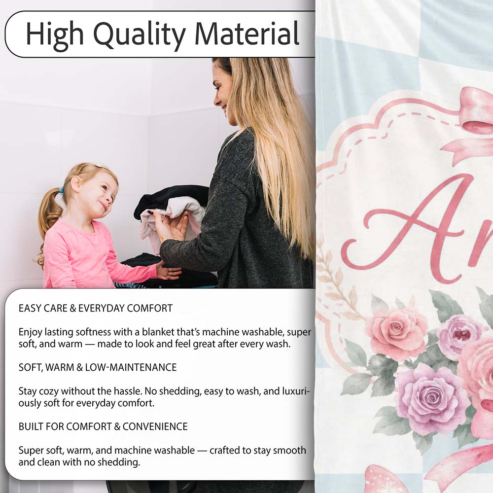 Elegant Watercolor Rose Bouquet Ribbon Butterfly Soft Blue Check  Personalised Custom Name Super Soft Fleece Blanket Bed Sofa Throw